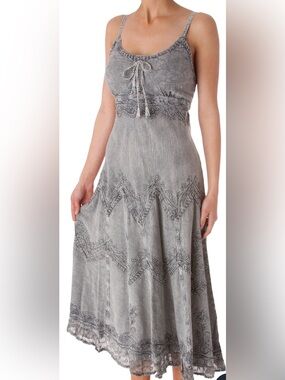 Sakkas Gray Embroidered Tie-Front Midi Dress